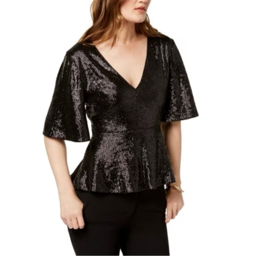 Rachel Zoe Womens Sequin Clover Baby Doll Blouse, Shimmer Black, Size 4